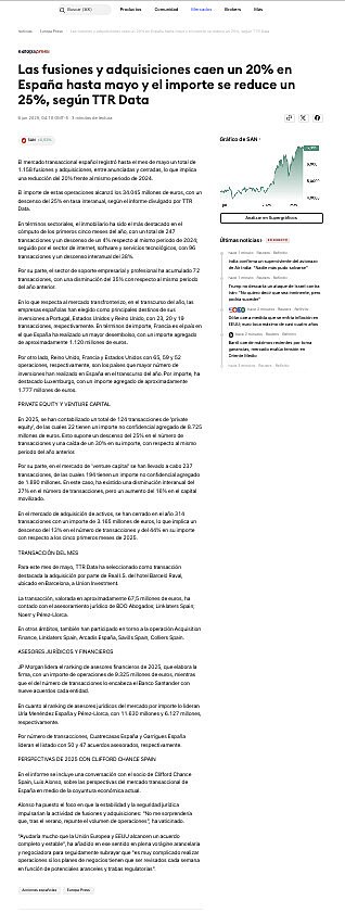 Las fusiones y adquisiciones caen un 20% en Espaa hasta mayo y el importe se reduce un 25%, segn TTR Data